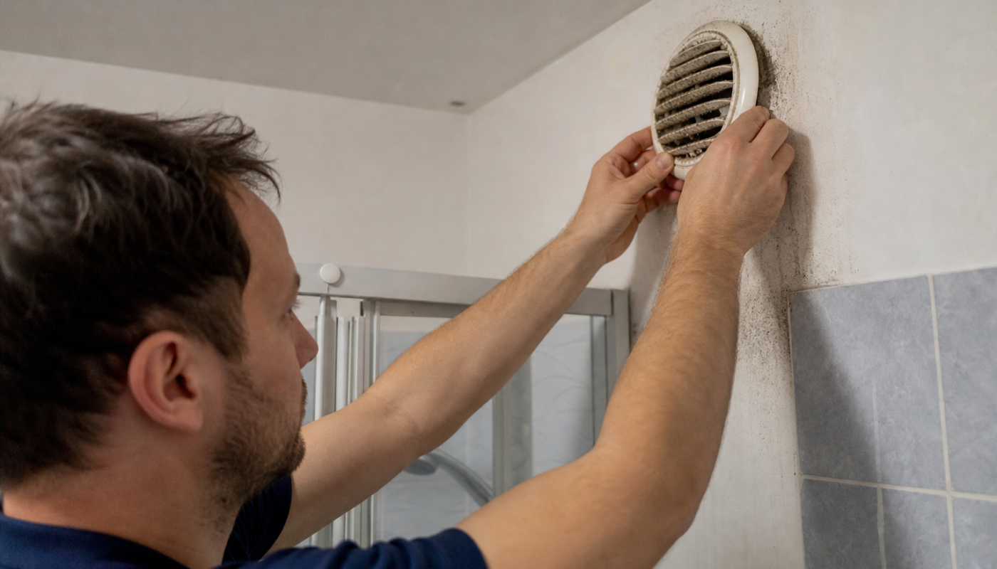 Homme ajustant une grille d'aération murale