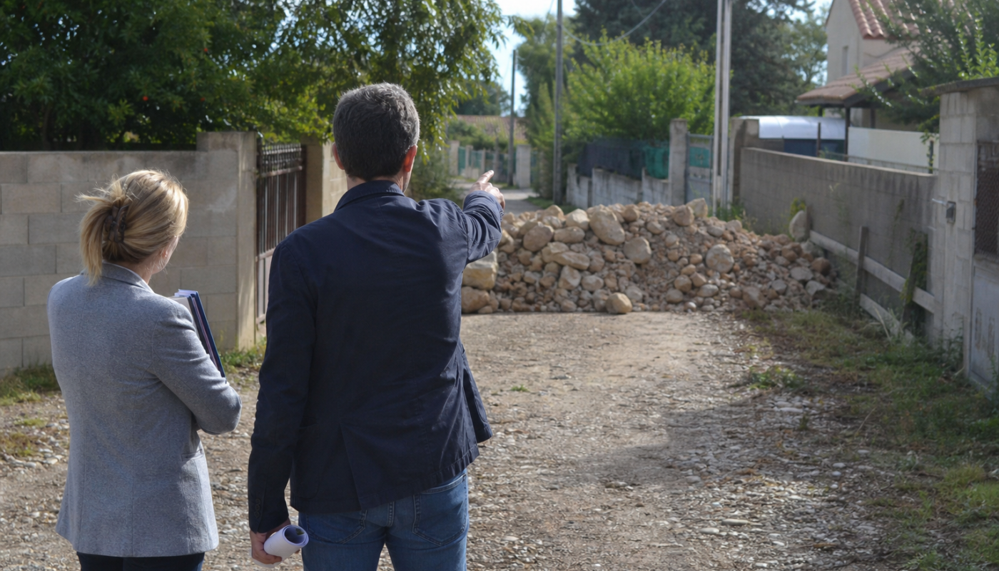 Deux personnes de dos pointant un tas de pierres
