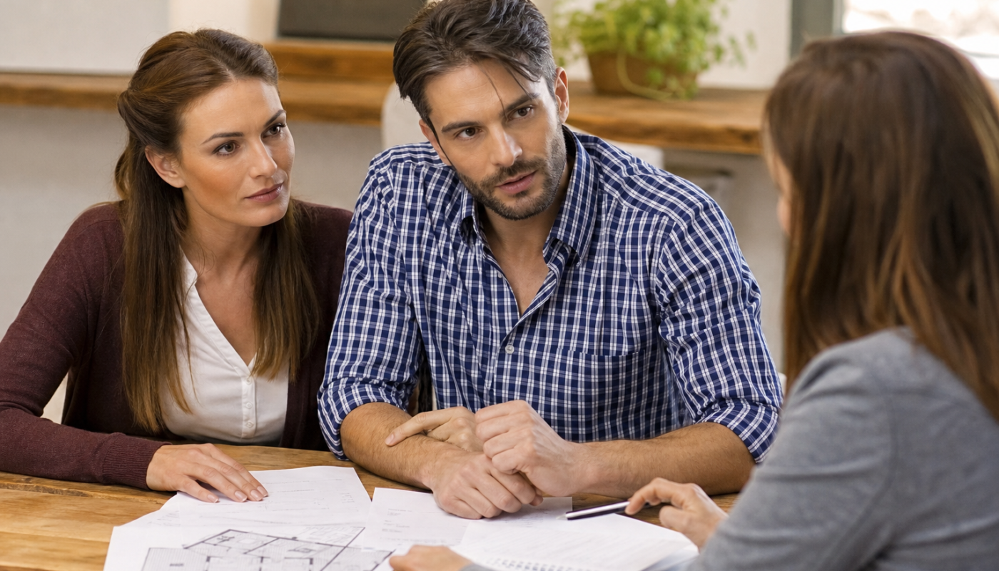 Couple examinant des plans posés sur la table